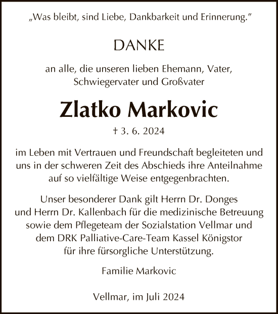 Todesanzeige von Zlatko Markovic von HNA