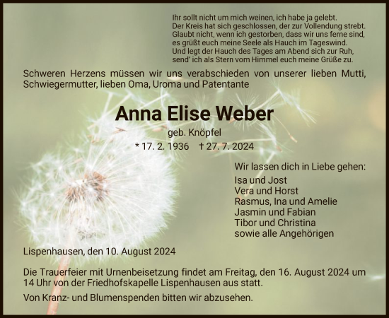 Todesanzeige von Anna Elise Weber von HNA