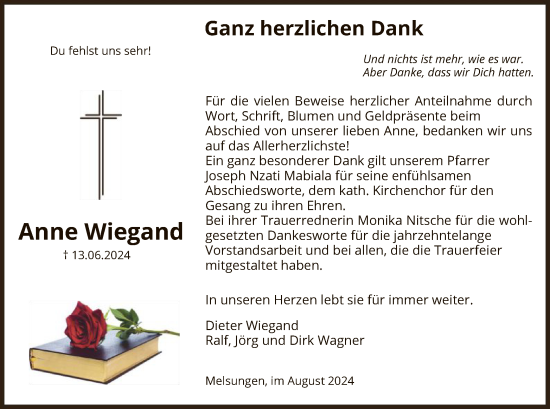 Todesanzeige von Anne Wiegand von HNA