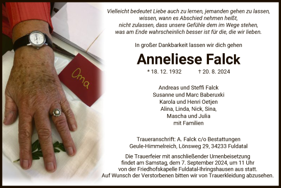 Todesanzeige von Anneliese Falck von HNA