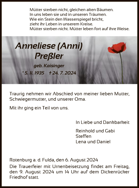 Todesanzeige von Anneliese Preßler von HNA