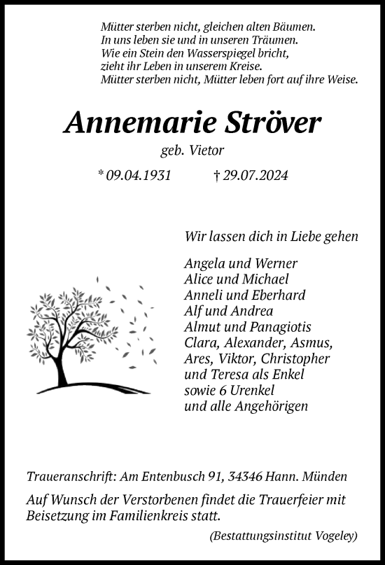 Todesanzeige von Annemarie Ströver von HNA
