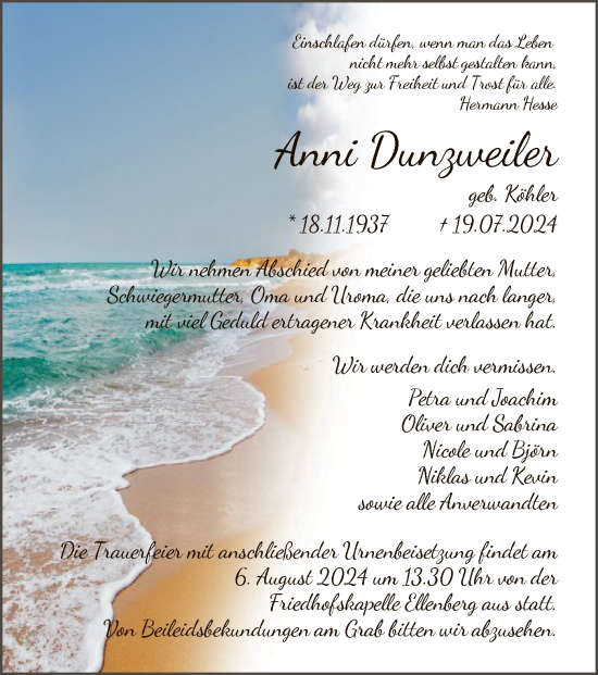 Todesanzeige von Anni Dunzweiler von HNA