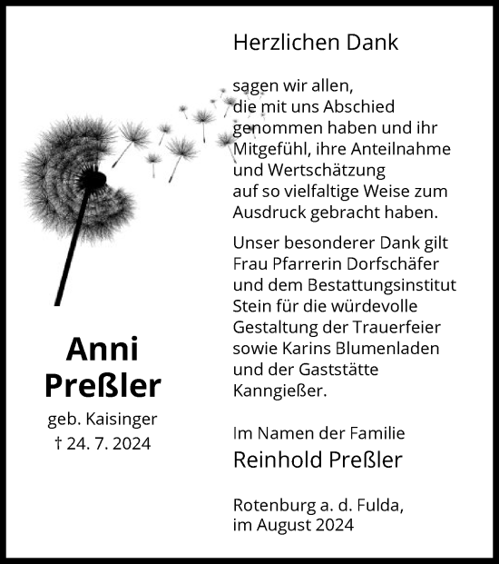 Todesanzeige von Anni Preßler von HNA