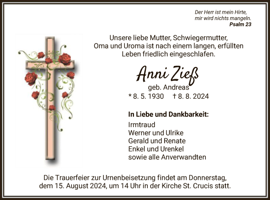Todesanzeige von Anni Zieß von HNA