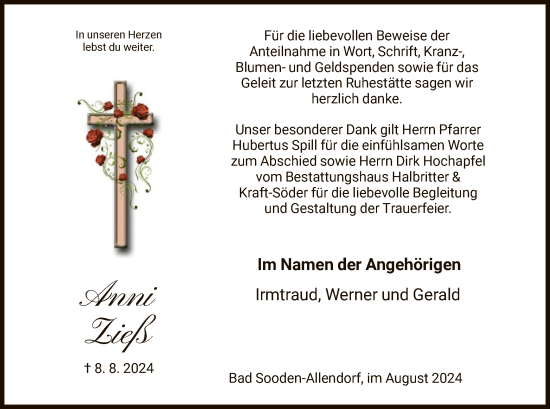 Todesanzeige von Anni Zieß von HNA