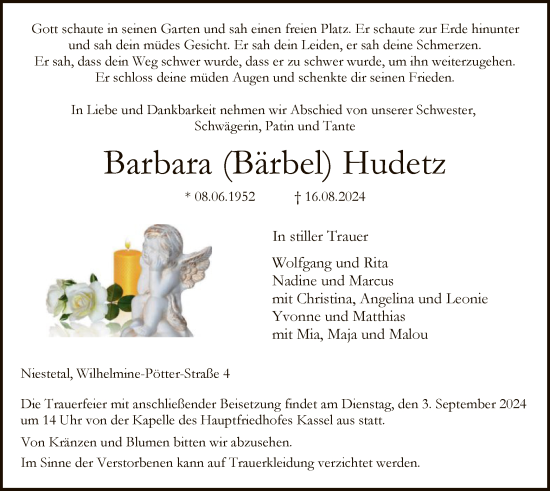 Todesanzeige von Barbara Hudetz von HNA