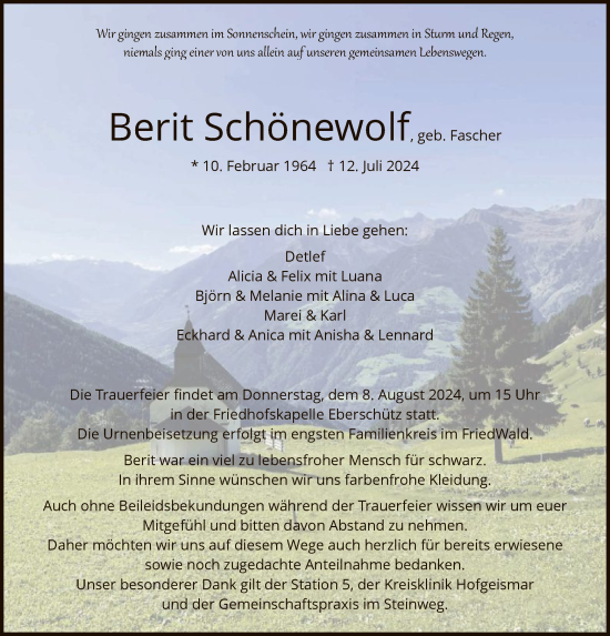 Todesanzeige von Berit Schönewolf von HNA