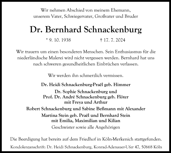 Todesanzeige von Bernhard Schnackenburg von HNA