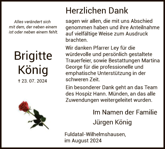 Todesanzeige von Brigitte König von HNA