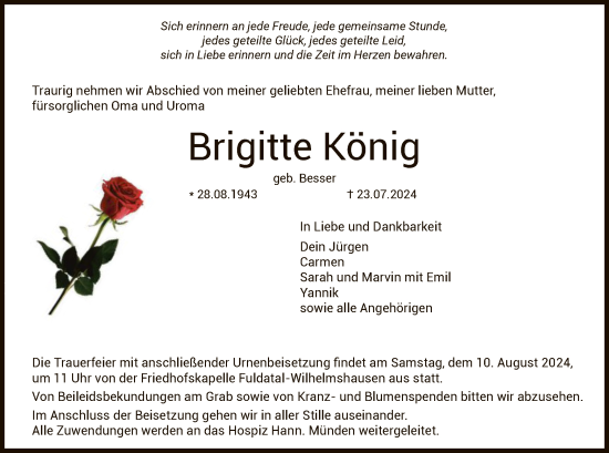 Todesanzeige von Brigitte König von HNA