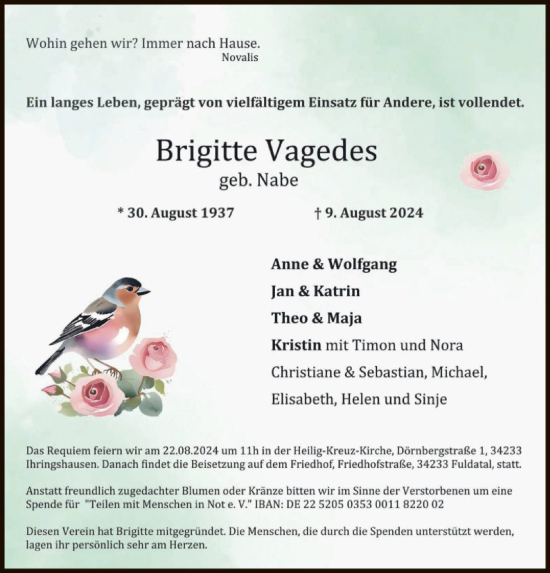 Todesanzeige von Brigitte Vagedes von HNA
