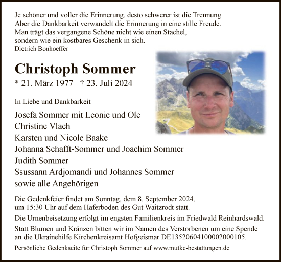 Todesanzeige von Christoph Sommer von HNA