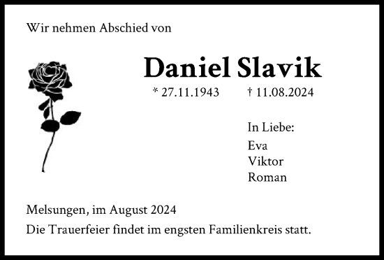 Todesanzeige von Daniel Slavik von HNA