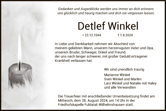 Todesanzeige von Detlef Winkel von HNA