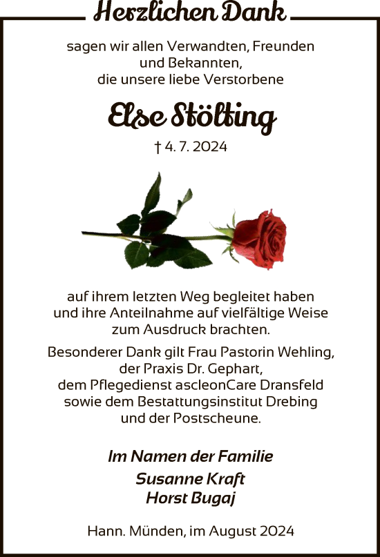 Todesanzeige von Else Stölting von HNA