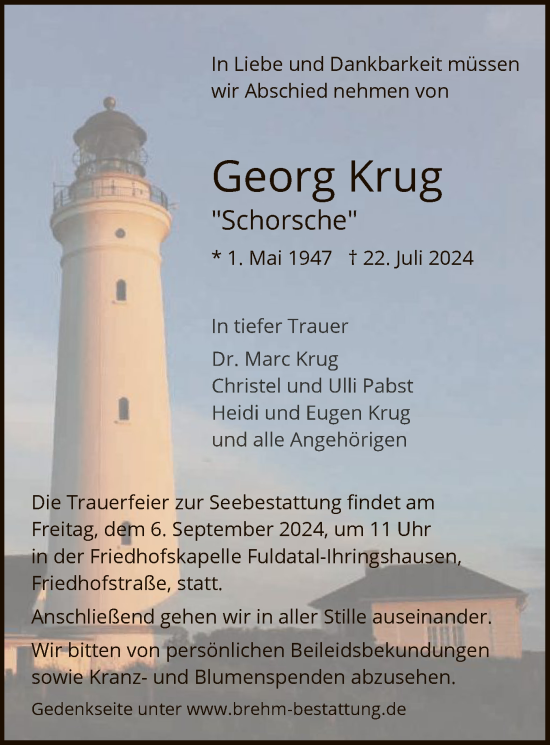 Todesanzeige von Georg Krug von HNA