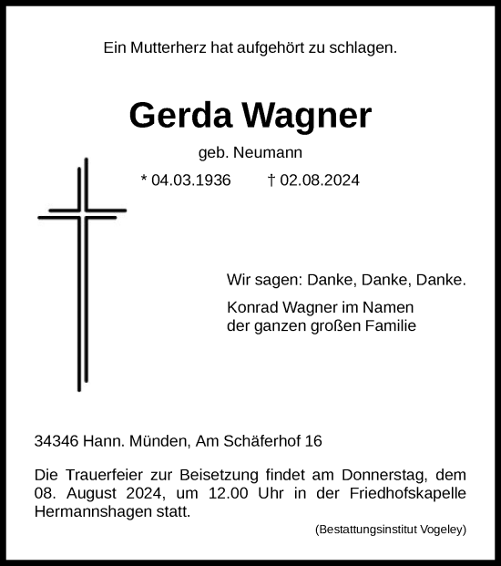 Todesanzeige von Gerda Wagner von HNAHNA