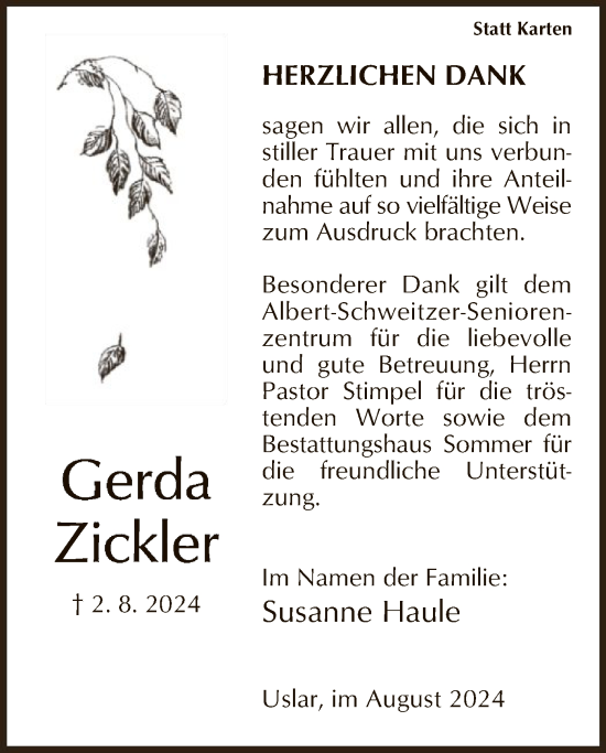 Todesanzeige von Gerda Zickler von HNA