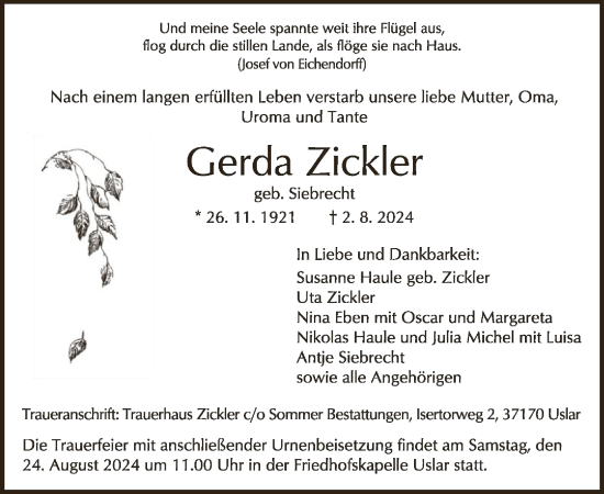 Todesanzeige von Gerda Zickler von HNA