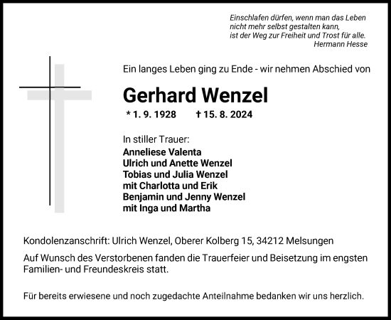 Todesanzeige von Gerhard Wenzel von HNA