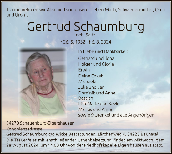 Todesanzeige von Gertrud Schaumburg von HNA
