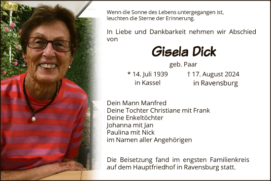Todesanzeige von Gisela Dick von HNA