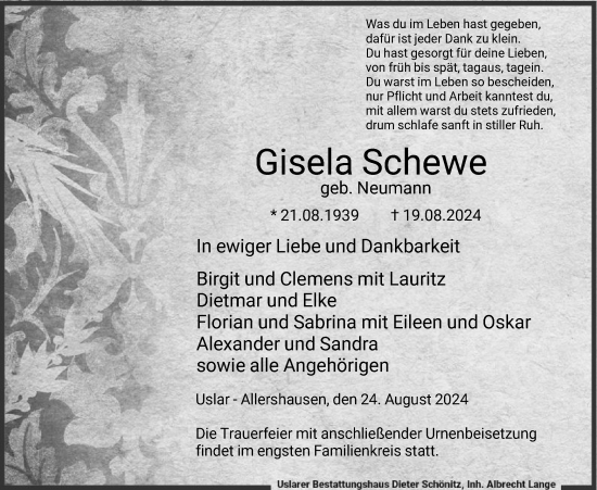 Todesanzeige von Gisela Schewe von HNA