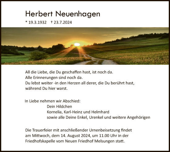 Todesanzeige von Herbert Neuenhagen von HNA