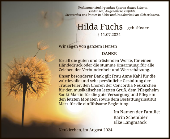 Todesanzeige von Hilda Fuchs von HNA