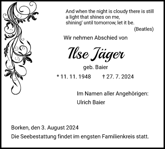 Todesanzeige von Ilse Jäger von HNA