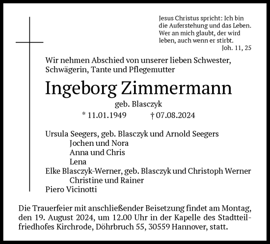 Todesanzeige von Ingeborg Zimmermann von HNA