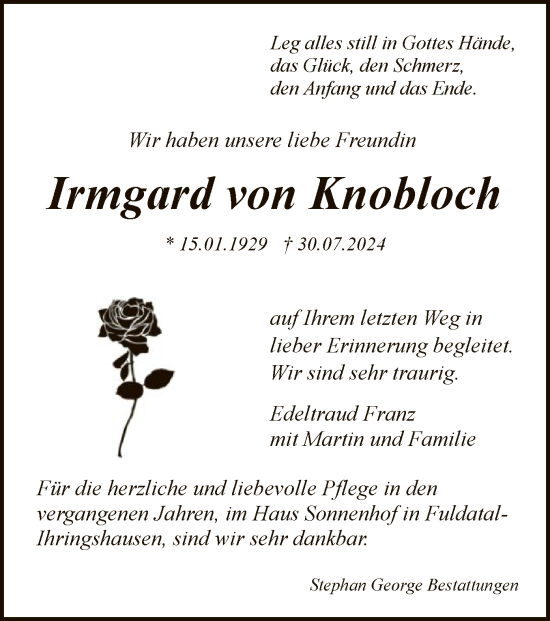 Todesanzeige von Irmgard von Knobloch von HNA
