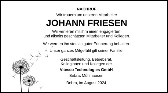 Todesanzeige von Johann Friesen von HNA