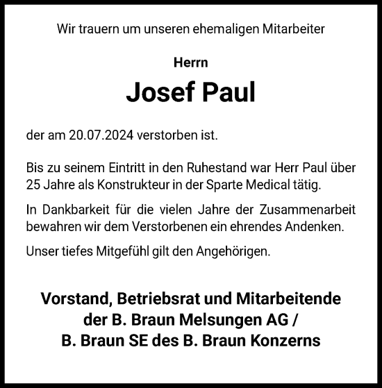 Todesanzeige von Josef Paul von HNA
