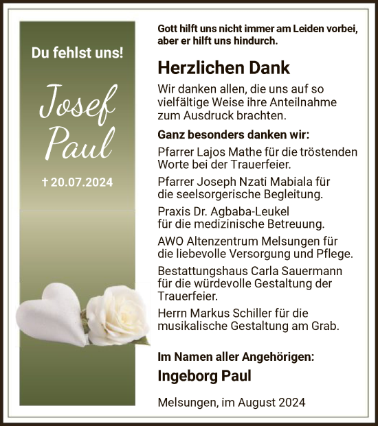 Todesanzeige von Josef Paul von HNA
