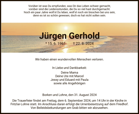 Todesanzeige von Jürgen Gerhold von HNA