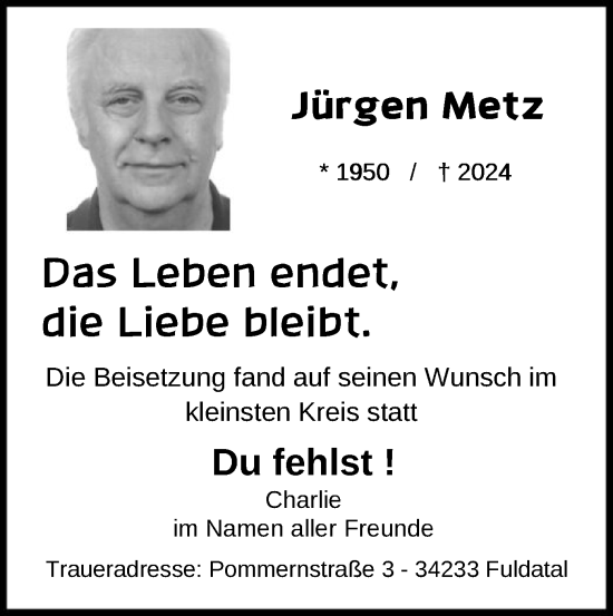 Todesanzeige von Jürgen Metz von HNAHNA