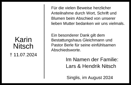 Todesanzeige von Karin Nitsch von HNA