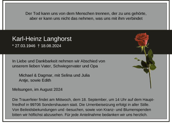 Todesanzeige von Karl-Heinz Langhorst von HNA