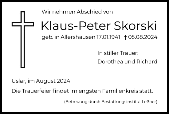 Todesanzeige von Klaus-Peter Skorski von HNA