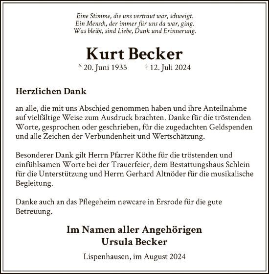 Todesanzeige von Kurt Becker von HNAHNA