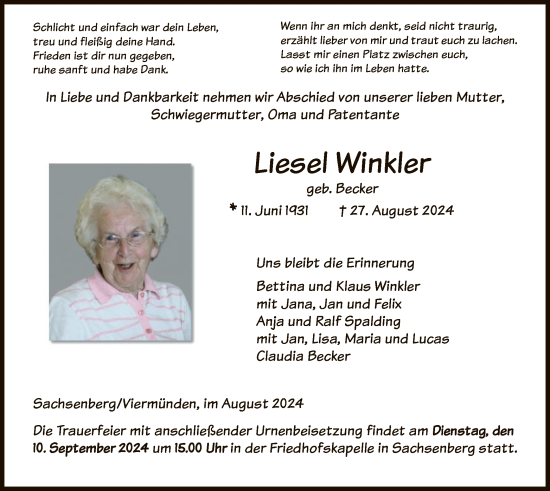 Todesanzeige von Liesel Winkler von HNAWLZ