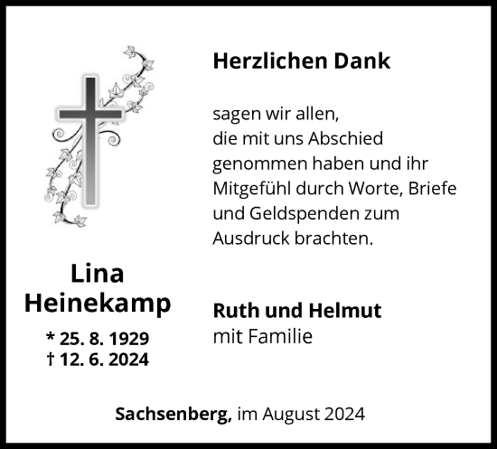 Todesanzeige von Lina Heinekamp von HNAWLZ