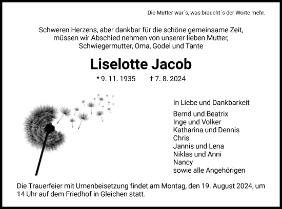 Todesanzeige von Liselotte Jacob von HNA