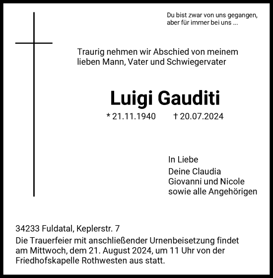 Todesanzeige von Luigi Gauditi von HNA