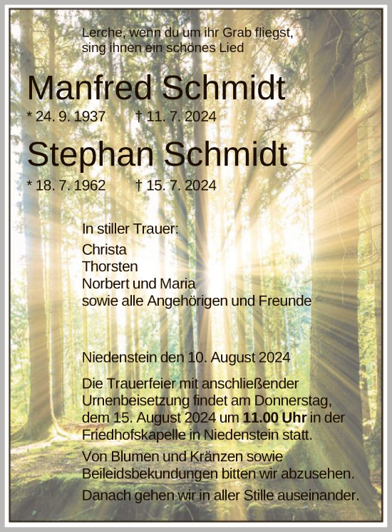 Todesanzeige von Manfred und Stephan Schmidt von HNA