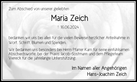 Todesanzeige von Maria Zeich von HNA