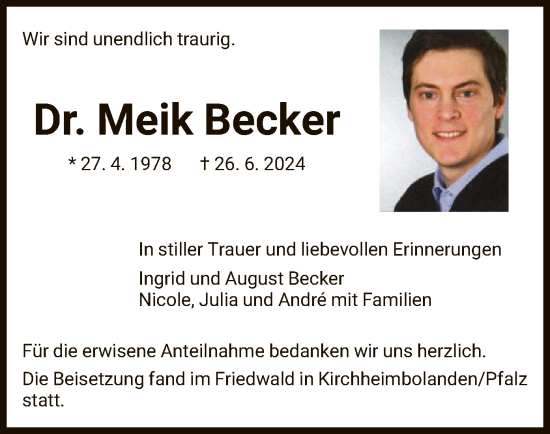 Todesanzeige von Meik Becker von HNA