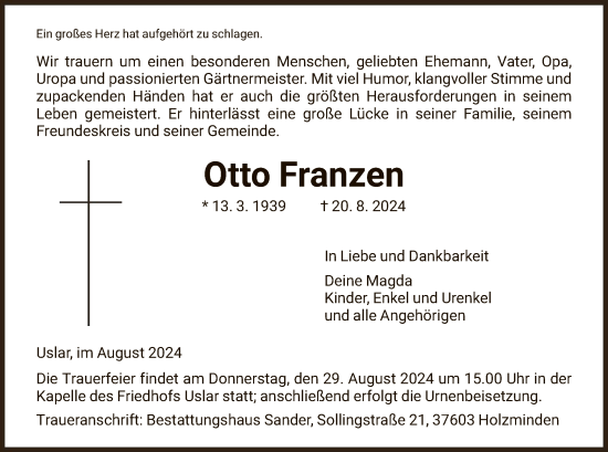 Todesanzeige von Otto Franzen von HNA